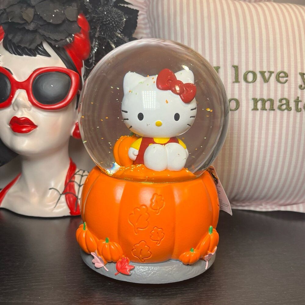 Hello Kitty Halloween Thanksgiving Fall Pumpkin Leaves Musical Snow Globe